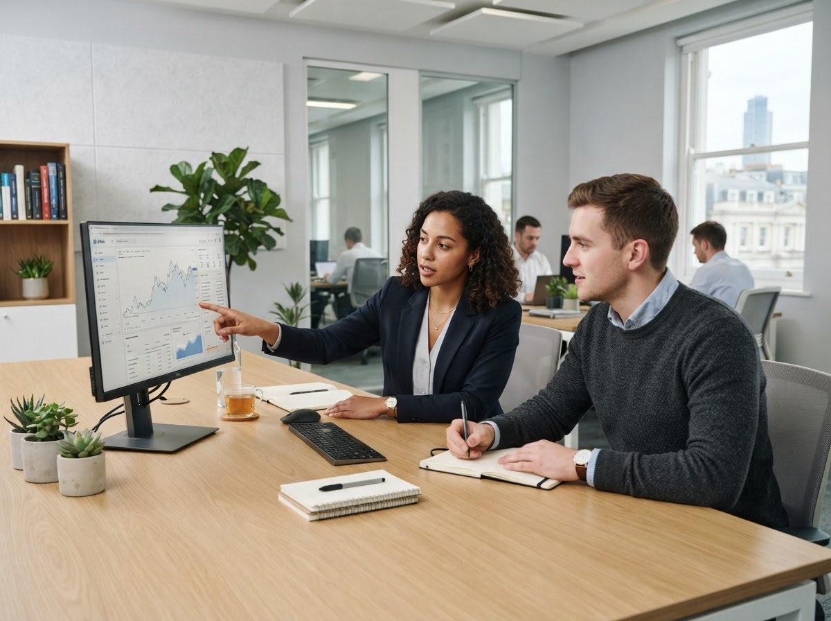 Larch Schatzode data analysts reviewing market models on screen